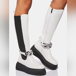 Elegant White and Black Over the Knee Boots